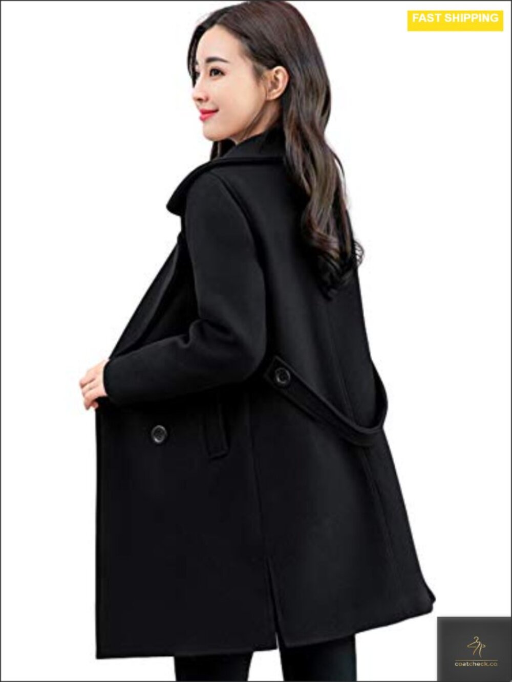 Wool Blend Double Breasted Pea Coat with Belt Notch Collar